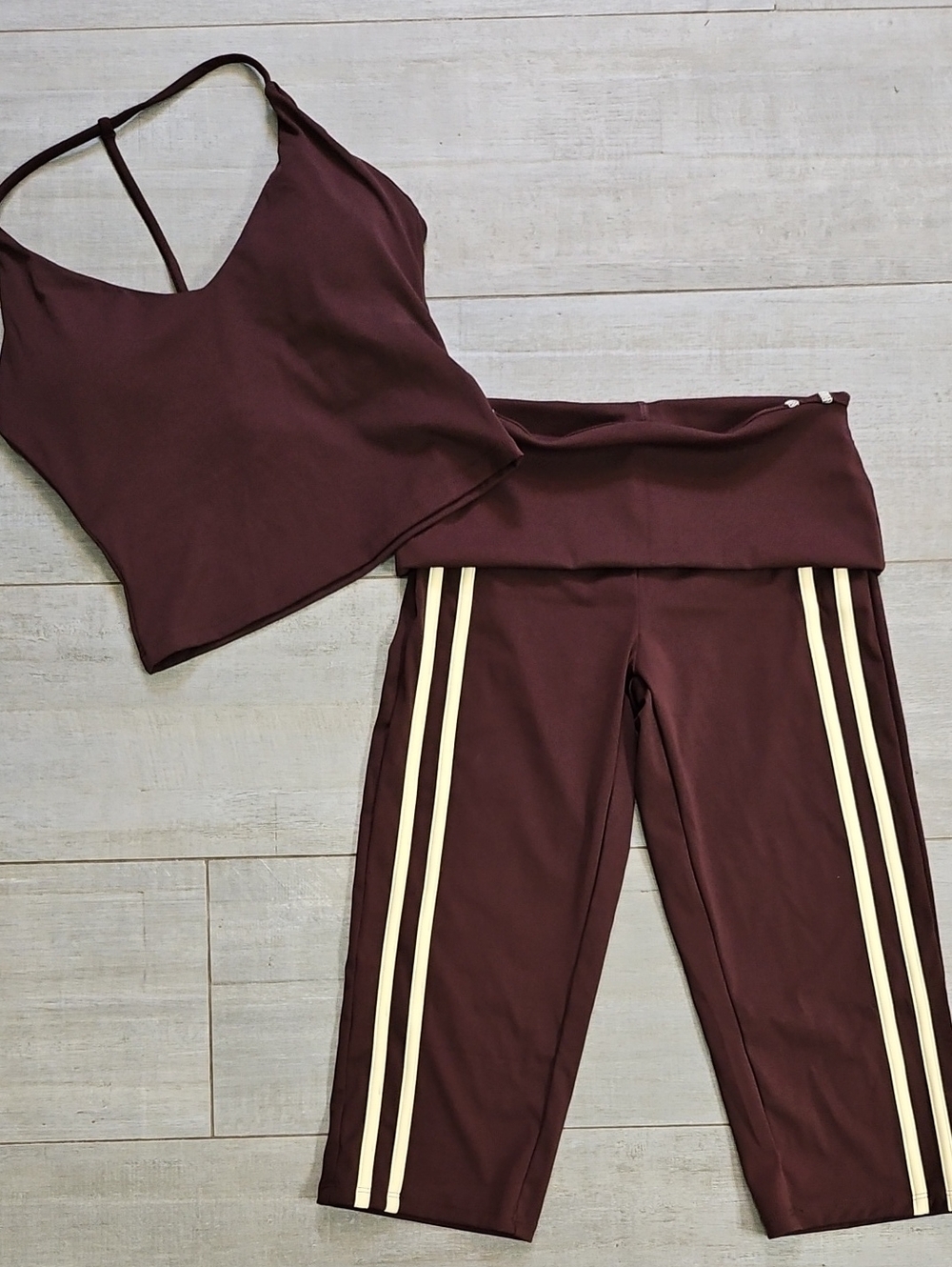 Women’s Brown High-Waist Active Capris with Contrast Stripes And Tank.
